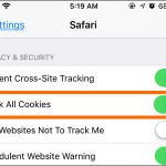 iPhone Settings Safari Block All Cookies Confirm Enabled