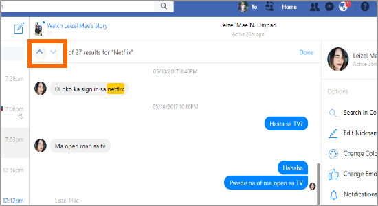 PC Facebook Messenger Search Results Move Up or Down on Results