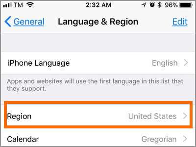 iPhone Settings General Language and Region Select Region