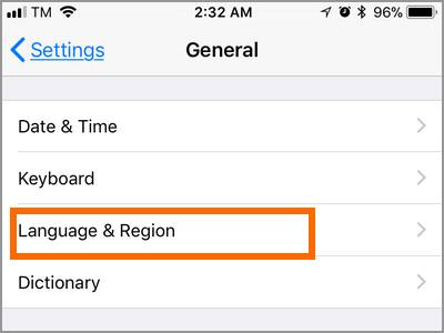 iPhone Settings General Language and Region