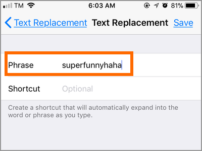 iPhone Settings Keyboard Text Replacement Phrase