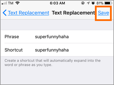 iPhone Settings Keyboard Text Replacement Shortcut Save