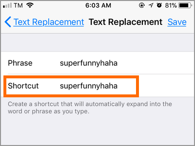 iPhone Settings Keyboard Text Replacement Shortcut