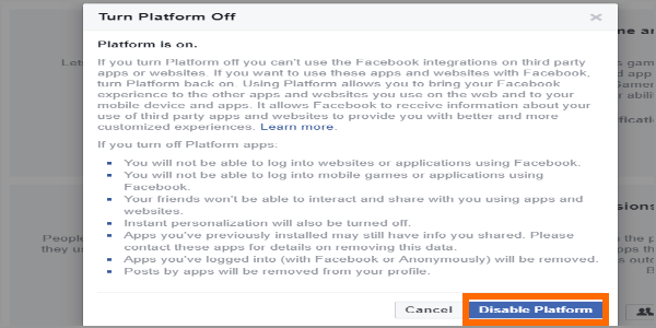 Facebook Web Login Menu Settings Apps Apps Website and Plugins Edit Disable Platform