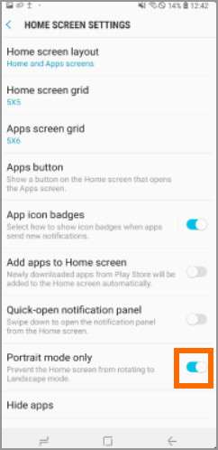 Galaxy S9 Home Screen Settings Portrait Mode Only Switch