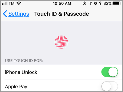 iPhone Settings Touch ID and Passcode Page