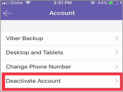 Viber more button Settings Device account