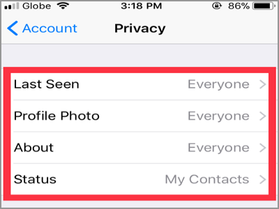 WhatsApp privacy Options