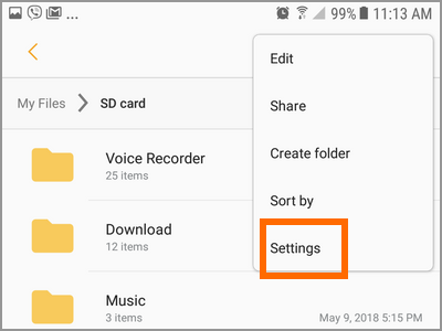 Android File Manager SD Card Storage More Settings button