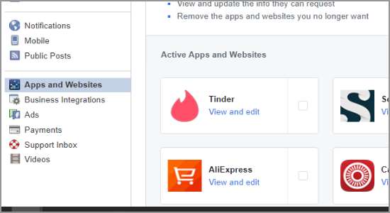 Facebook Settings Apps and Websites