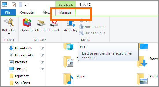 Windows file Explorer This PC Drive Manage
