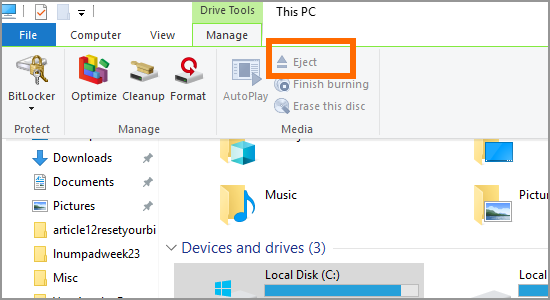 Windows file Explorer This PC Drive Manage Eject