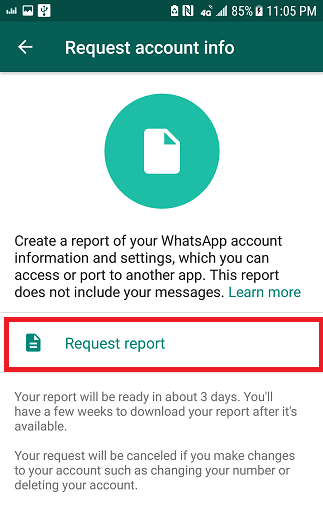 request account info on WhatsApp