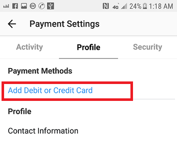 add payment method on Instagram