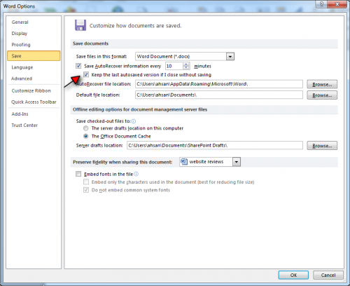 Configuring autosave in word