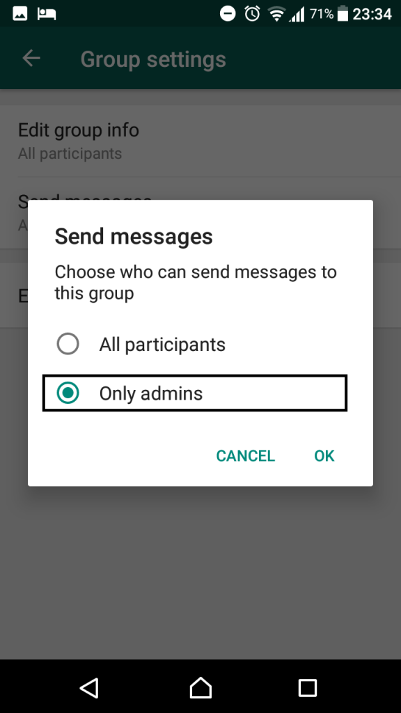 how to make whatsapp group only admin can message