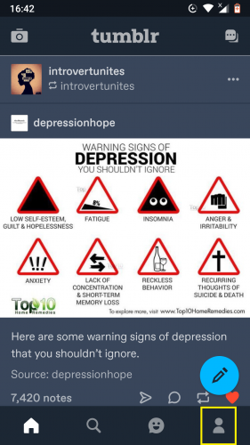 Tapping on your profile icon from Tumblr app homepage to block tags after latest 2019 update