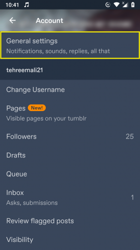 Tapping on General Settings when your account settings show up.