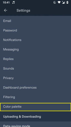 Tapping on Color palette from the settings to Turn On Dark Mode in Tumblr 2019 Updated App