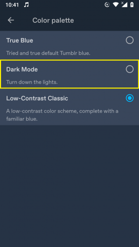 Selecting the Dark Mode in Tumblr 2019 Updated App 