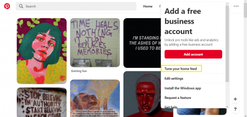 Accessing home-feed tuner in Pinterest via browser.