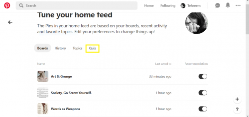 Accessing Quiz section in Pinterest via browser to tune home-feed.
