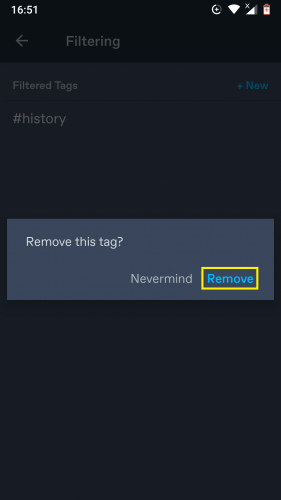 Removing a tag from filter in the Tumblr app