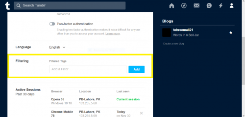 Accessing the Filtering section in Tumblr web