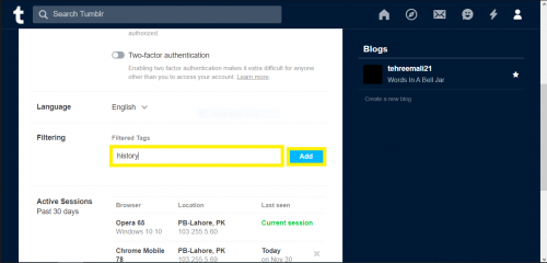 Adding a new tag to filter on Tumblr via browser