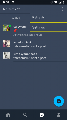 Taping on Settings to Turn On Dark Mode in Tumblr 2019 Updated App 