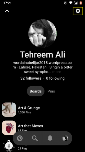 Accessing Pinterest profile settings in the latest 2019 updated app.