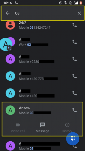 Dialed digits showing corresponding contact name in a 3-way call on Android.
