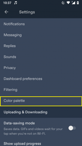 Tapping on Color palette from the settings to Turn On Dark Mode in Tumblr 2019 Updated App 