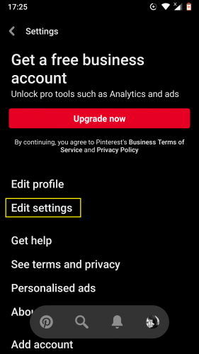 Editing settings in the latest 2019 updated Pinterest app.