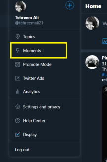 Accessing the "Moments" section in the new upgraded Twitter.