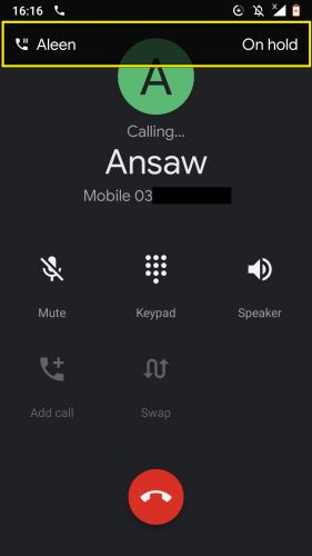 First call automatically put on hold while making a second call in a 3-way call on Android.