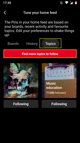 Following more topics in Pinterest app.