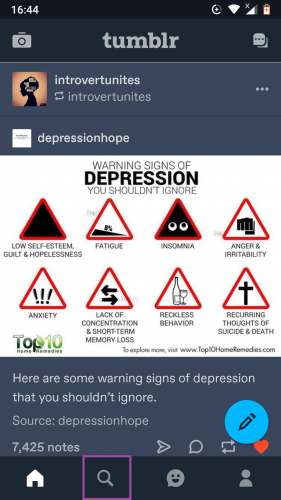 Accessing the search section on Tumblr app