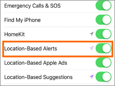 Location-Based Alerts toggle switch