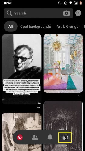 Accessing profile section on Pinterest app for Android.