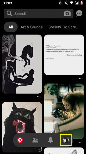 Accessing profile settings via profile image on Pinterest app. 