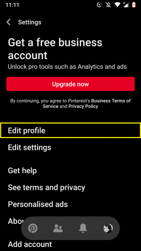 Editing profile settings on Pinterest app. 