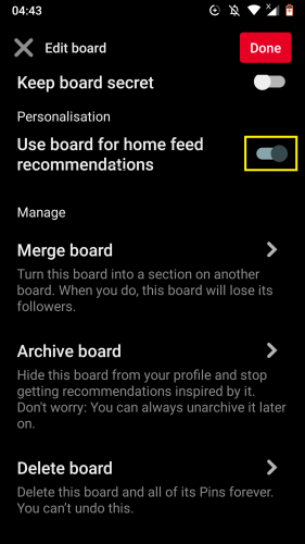 Opting to personalize home feed according to a board on Pinterest for Android. 