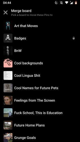 Merging boards with other boards on Pinterest for Android. 