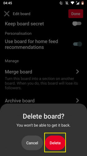 Deleting a board on Pinterest for Android. 