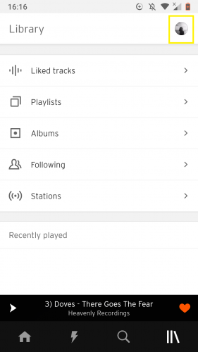 Accessing the profile settings via profile image on Soundcloud Android app.