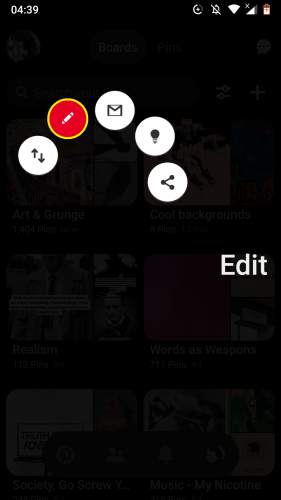 Edit option for board on Pinterest for Android. 