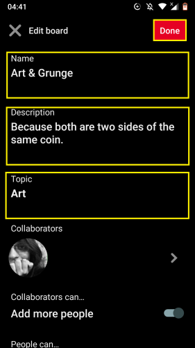 Editing a board on Pinterest for Android. 