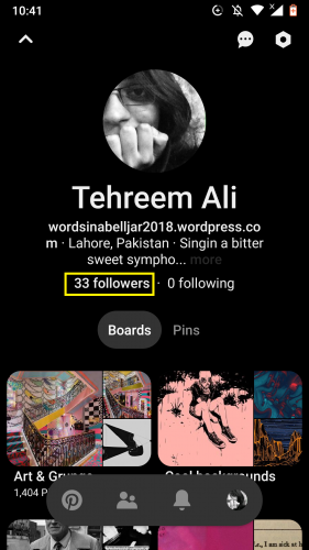 Accessing the list of followers on Pinterest app for Android. 