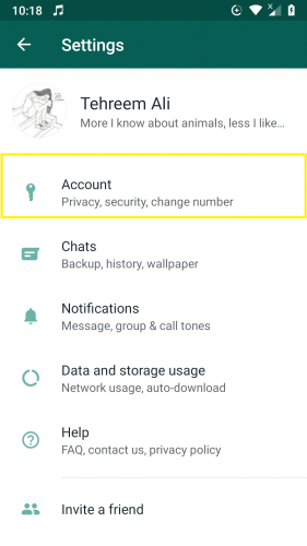 Account section within settings on WhatsApp.